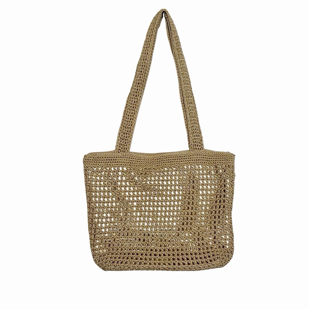 The Sak Crochet Shoulder Bag Gold Tan Purse Zipper Rectangle Large Y2K Boho